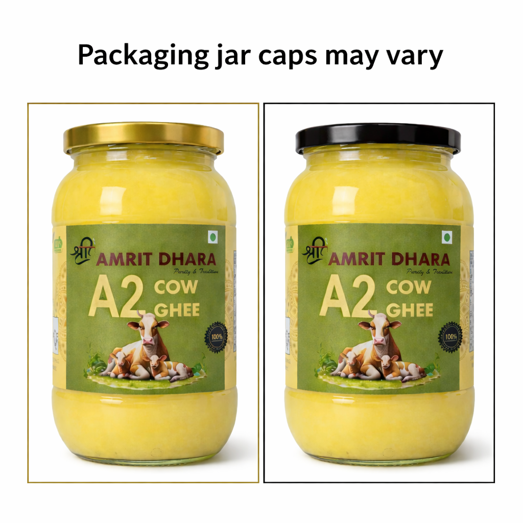 Shri Amrit Dhara A2 Cow Ghee 1 litre glass jar — label close-up