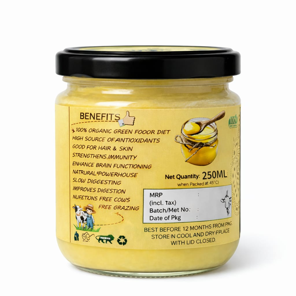 Shri Amrit Dhara A2 Cow Ghee 250ml glass jar — side view