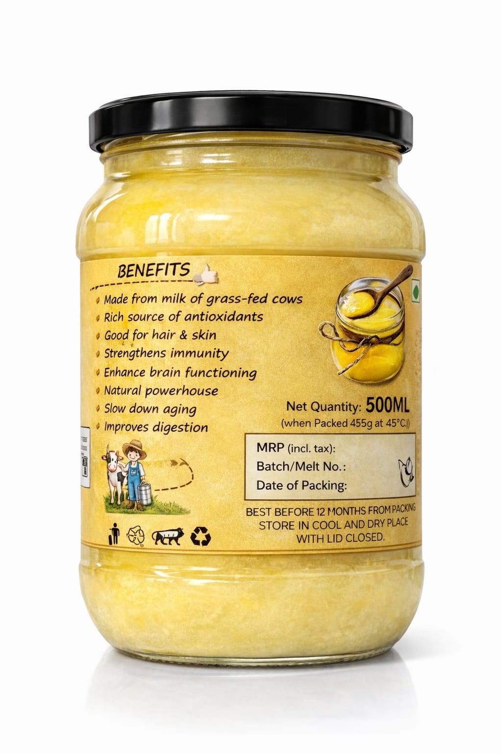 Shri Amrit Dhara A2 Cow Ghee 500ml glass jar — side view