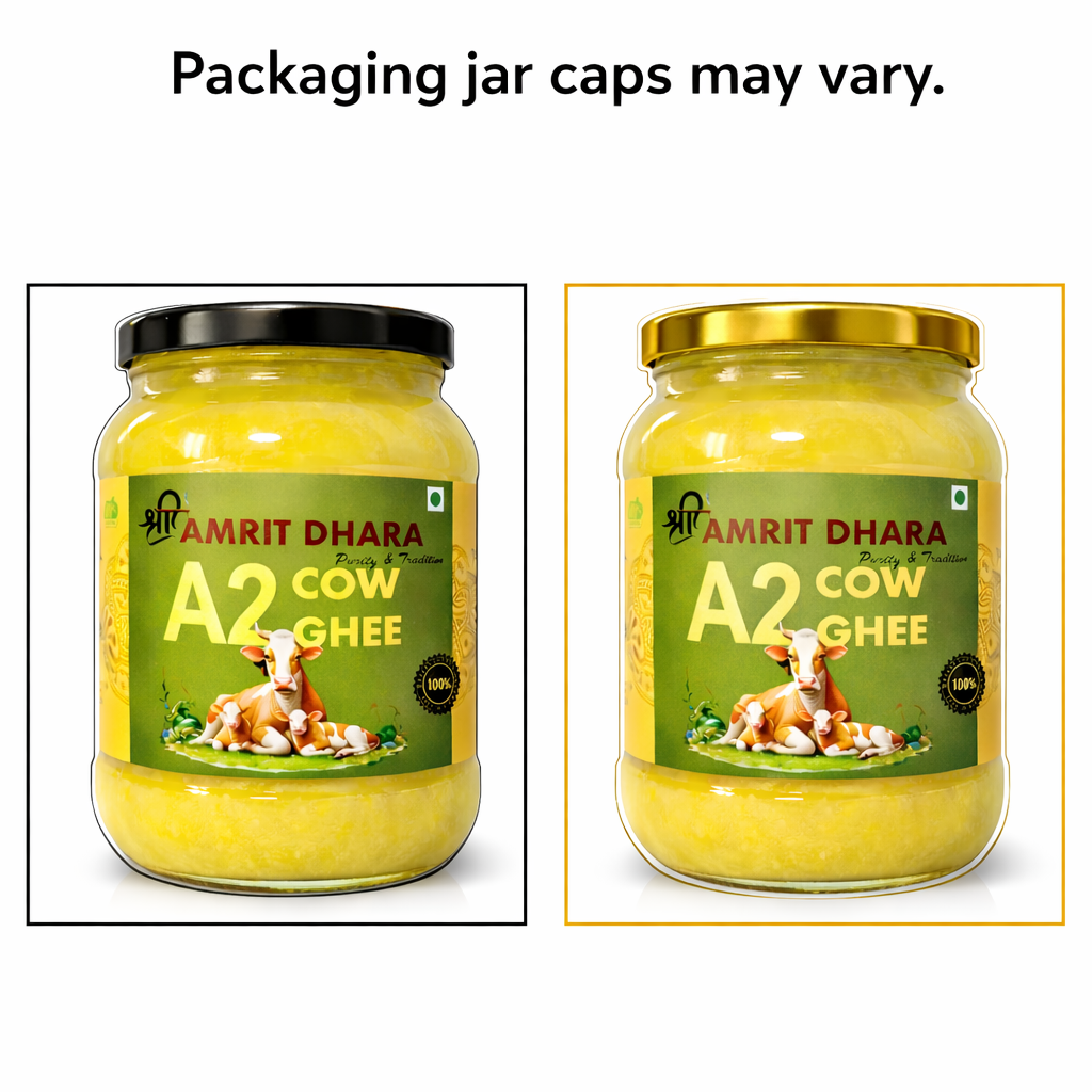 Shri Amrit Dhara A2 Cow Ghee 500ml glass jar — label close-up